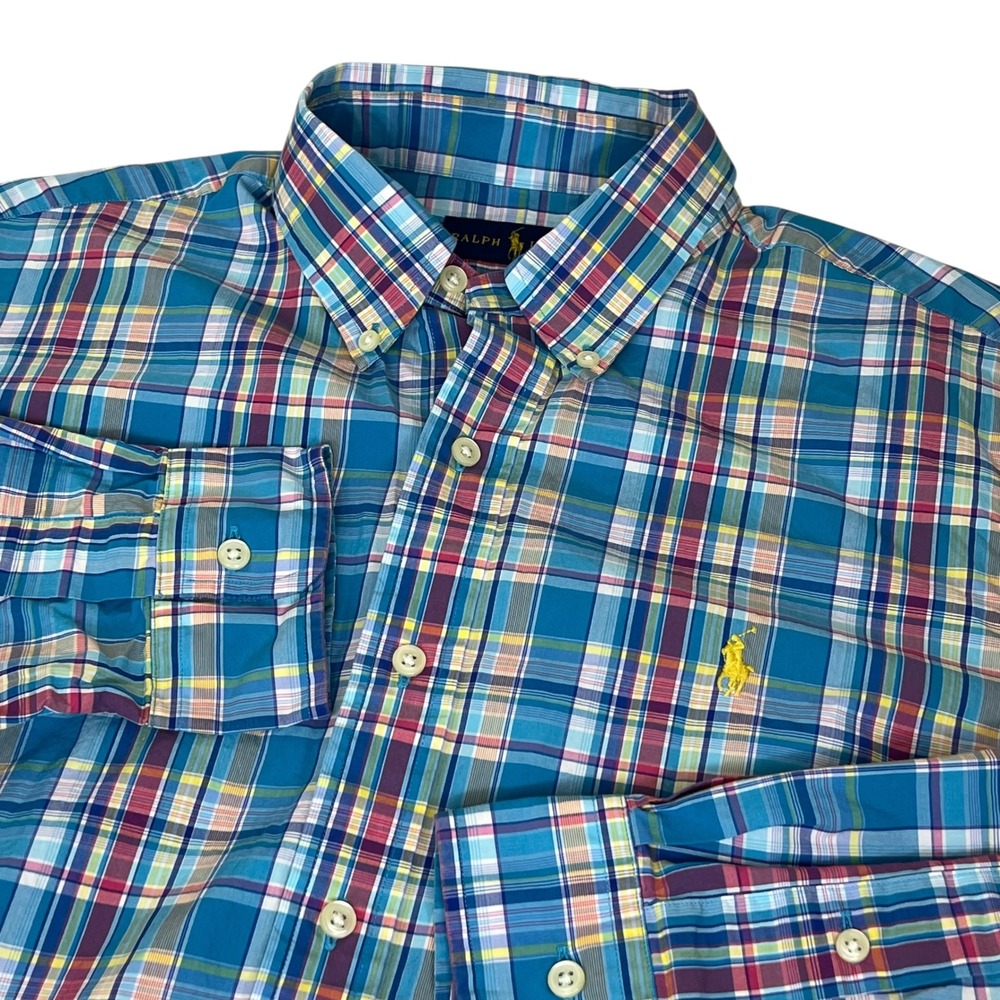 Ralph Lauren Men Medium Plaid Button Down Shirt Teal Pink Yellow Cotton Long Slv
